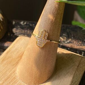 Micro Pave CZ Hamsa Gold 14k Sterling Silver Ring Sizes 6,9